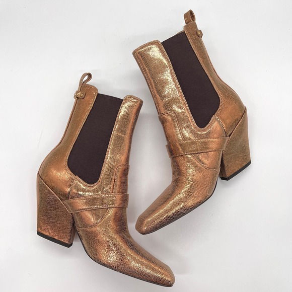 SAM EDELMAN Suzette Buckled Western Booties Womens 8 Gold Bronze Lizard Embossed - Picture 6 of 10